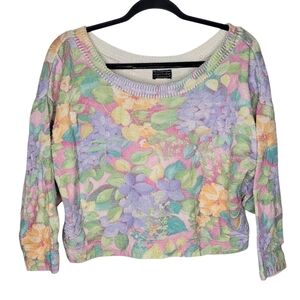 Vintage 90s Objects D'art Floral Pastel Cropped Scoop Neck Sweater Size Large